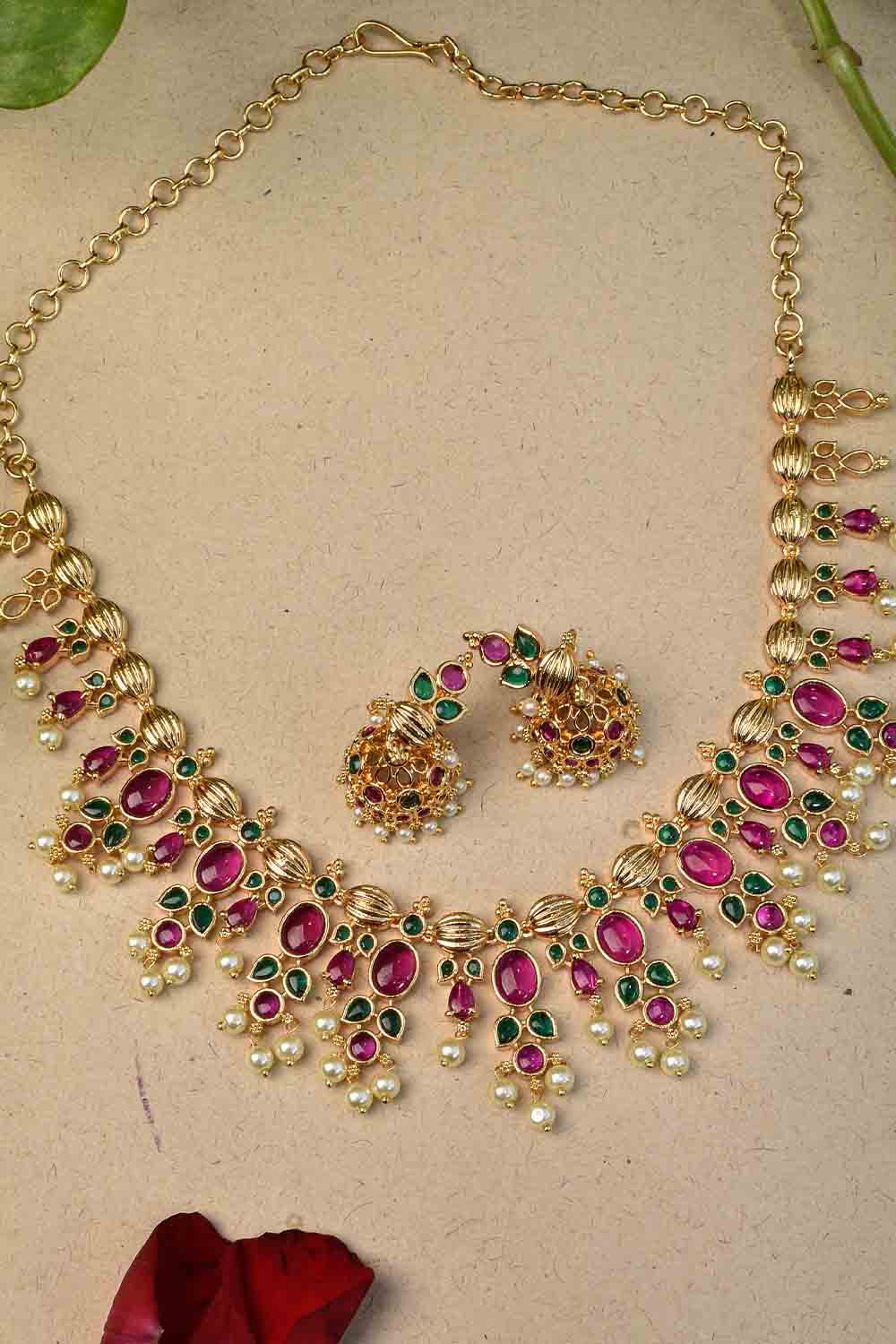 Pink and Green Stone Lightweight Necklace Set