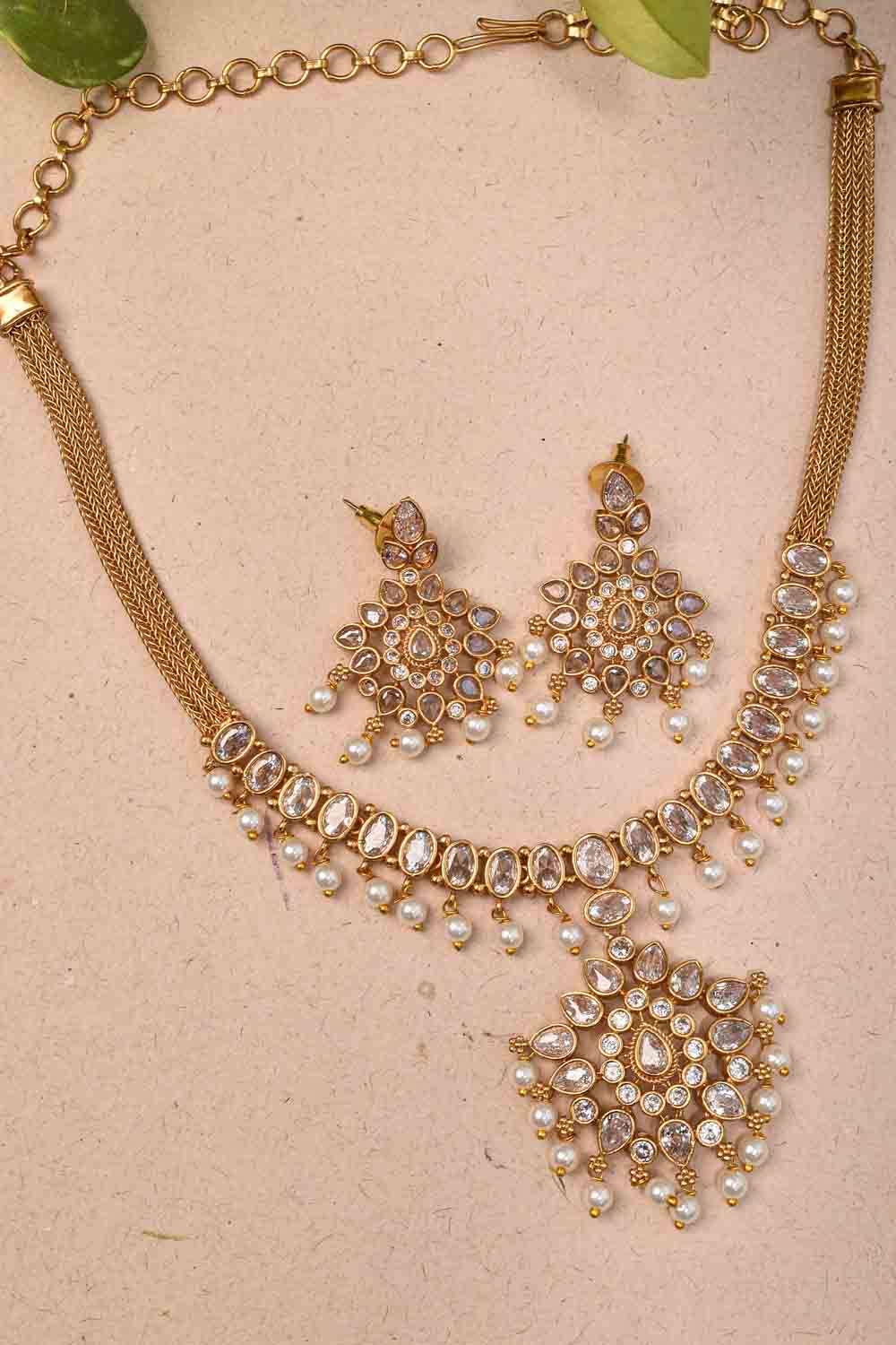White Stone Floral Pendant Lightweight Necklace and Earrings Set
