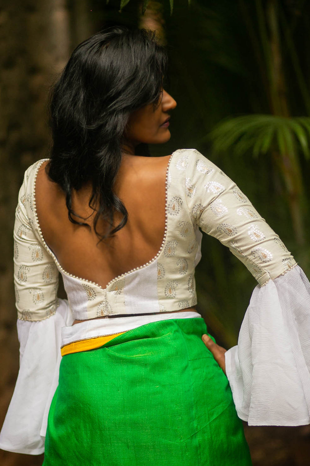 Off white chanderi brocade and chiffon lavish bell sleeves blouse with pearl detailing