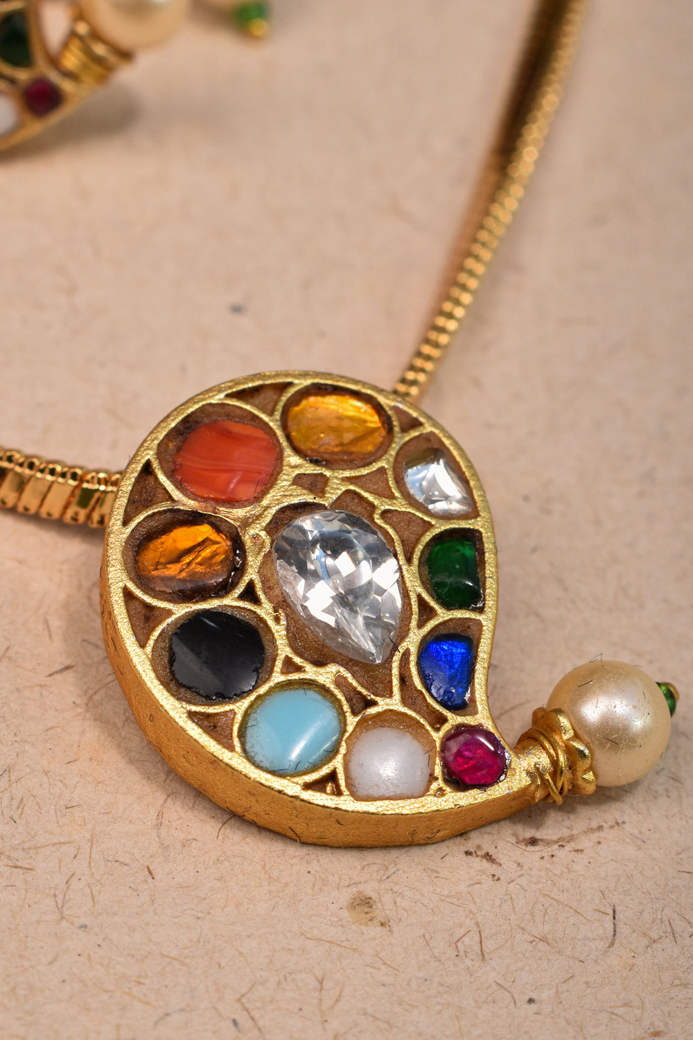 Navaratna Mango Design Pendent, Chain and earrings set