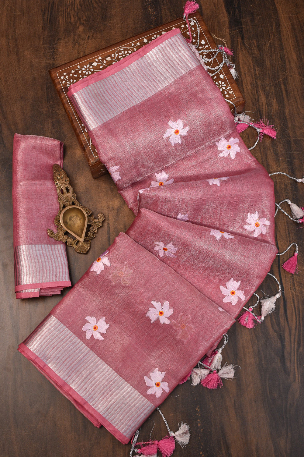 PREORDER: Parijaat Flower Embroidery Tissue Linen Saree
