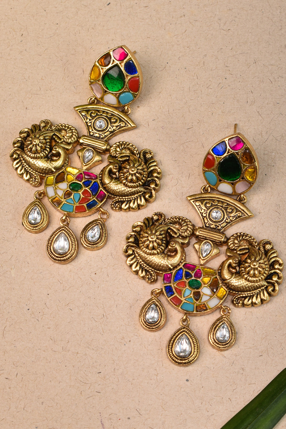 3" Navaratna design Antique Gold Tone Dangling Earrings