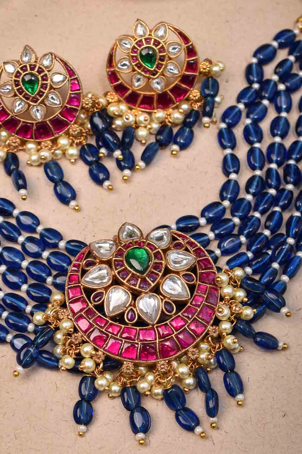 Choker Set with Midnight Blue Multistrand beads and Kundan Pendant