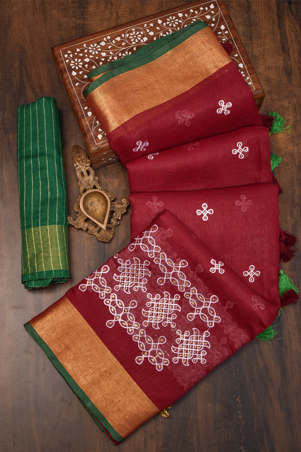 Red Rangoli Embroidered Border on Pure Linen