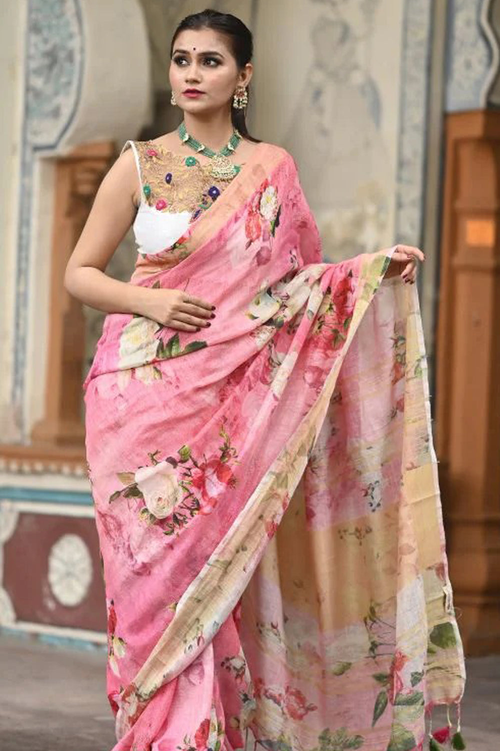 Pink Pure Linen Saree with Floral Digital Print