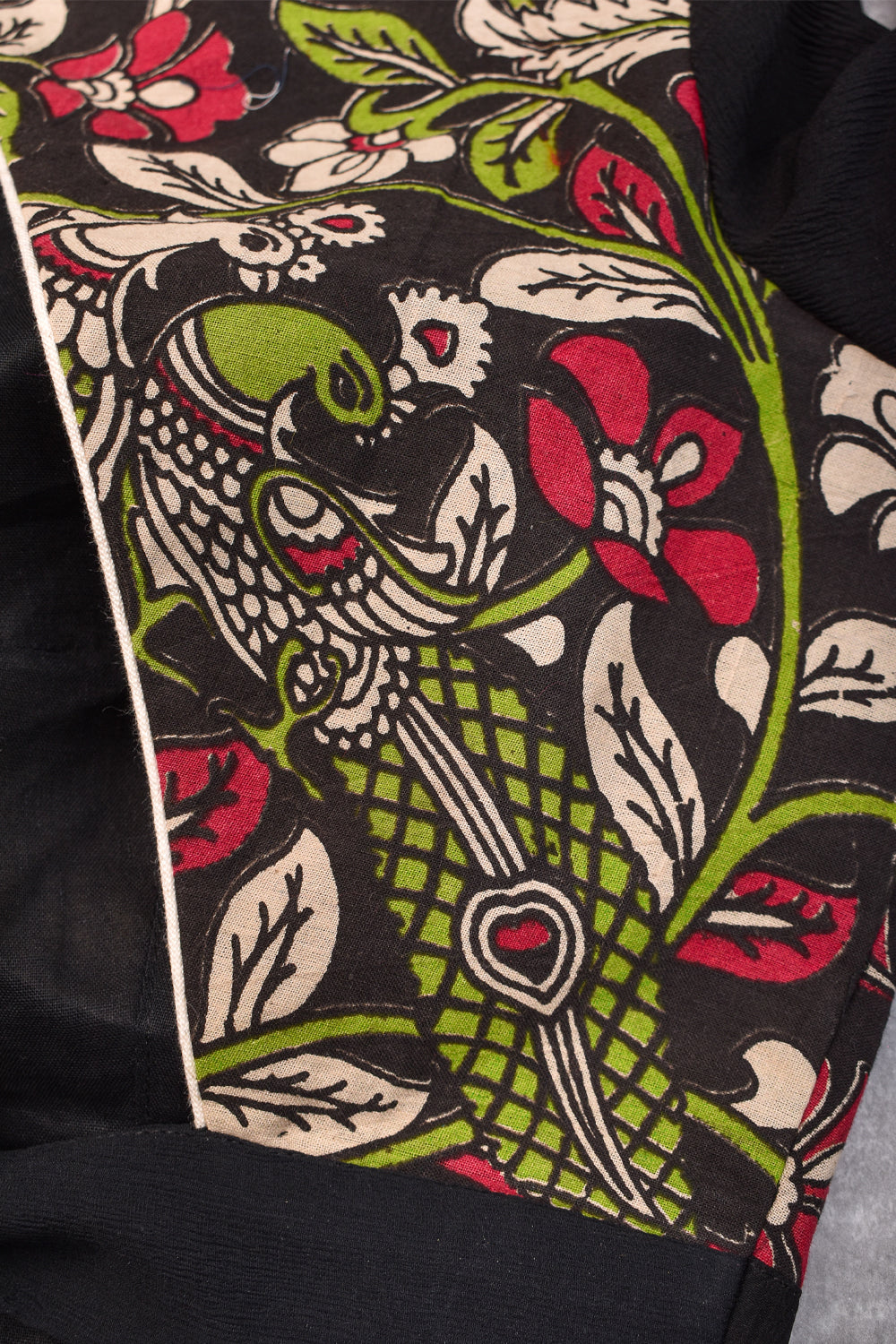 Black floral kalamkari Boatneck blouse with sleeve detailing