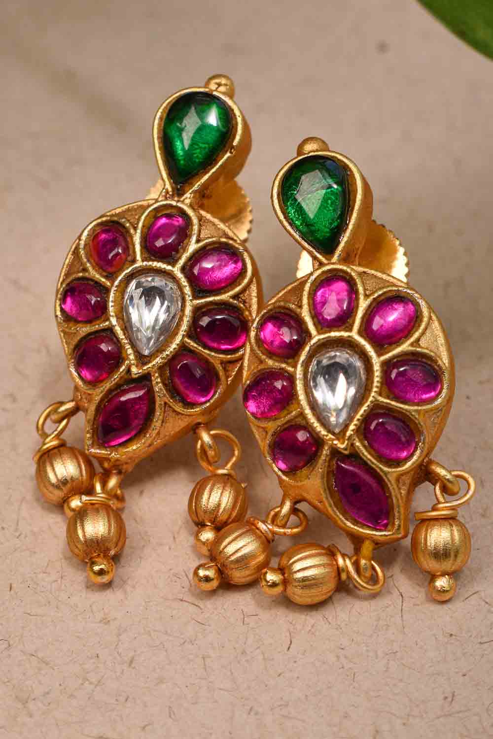 Jadau Mango Studs with Pink, Green and White Stones in Matt Gold Finish