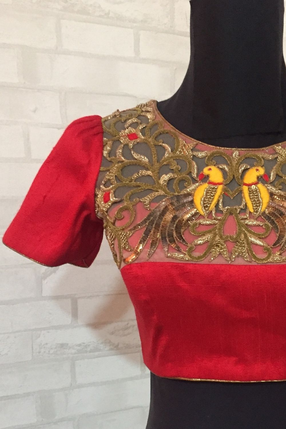 Red pure silk blouse with embellished yoke - House of Blouse