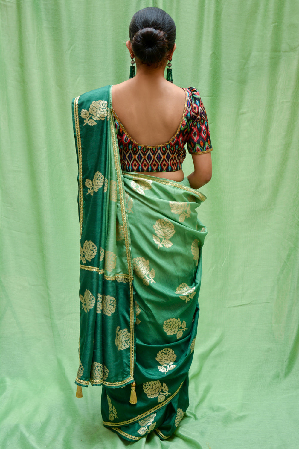 Sea green ombre shaded semi matka silk saree with zari motifs - House of Blouse