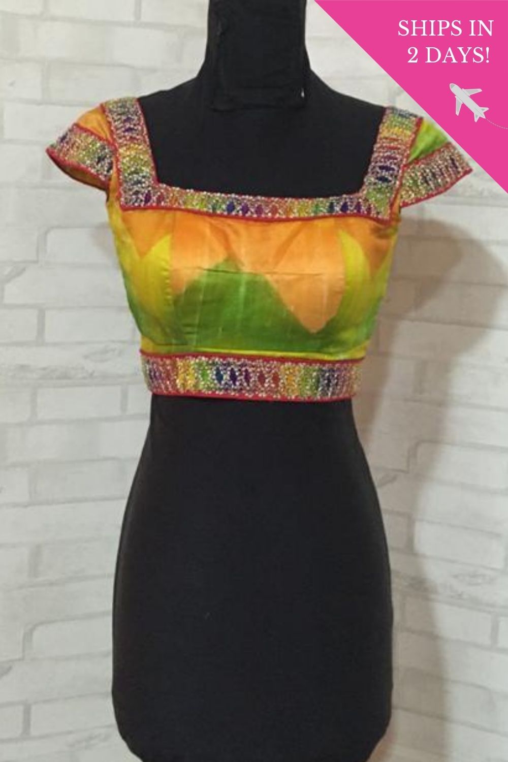 Yellow Ikat raw silk square neck blouse; Size: 34 - House of Blouse