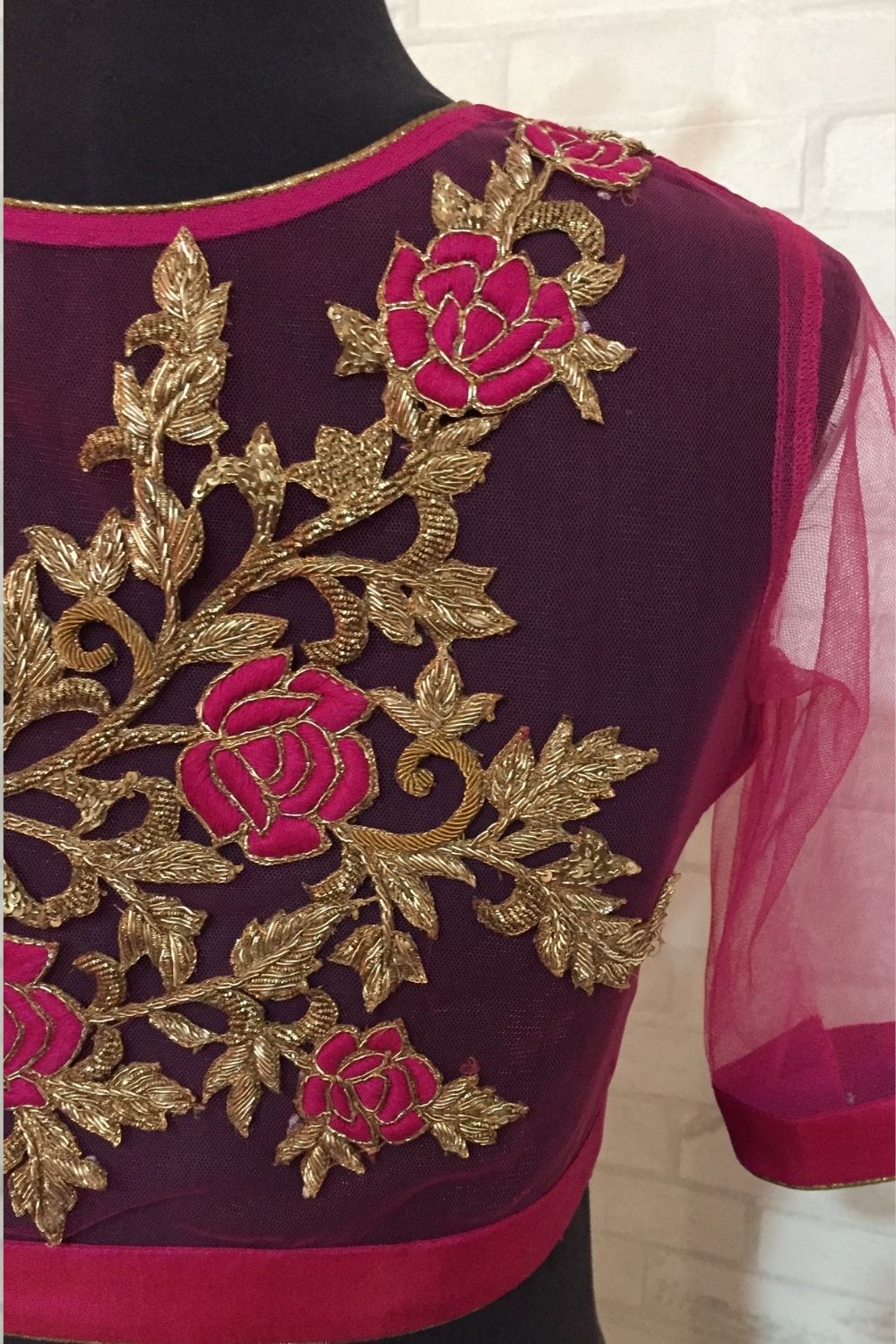 Fuchsia pink silk V neck blouse with applique. - House of Blouse