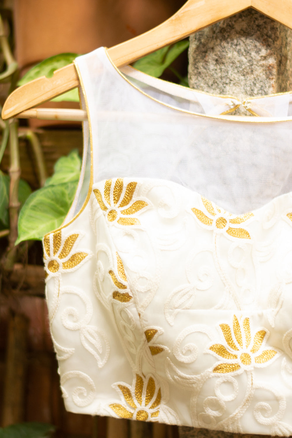 White sheer yoke blouse with lotus threadwork on net and gold piping - House of Blouse