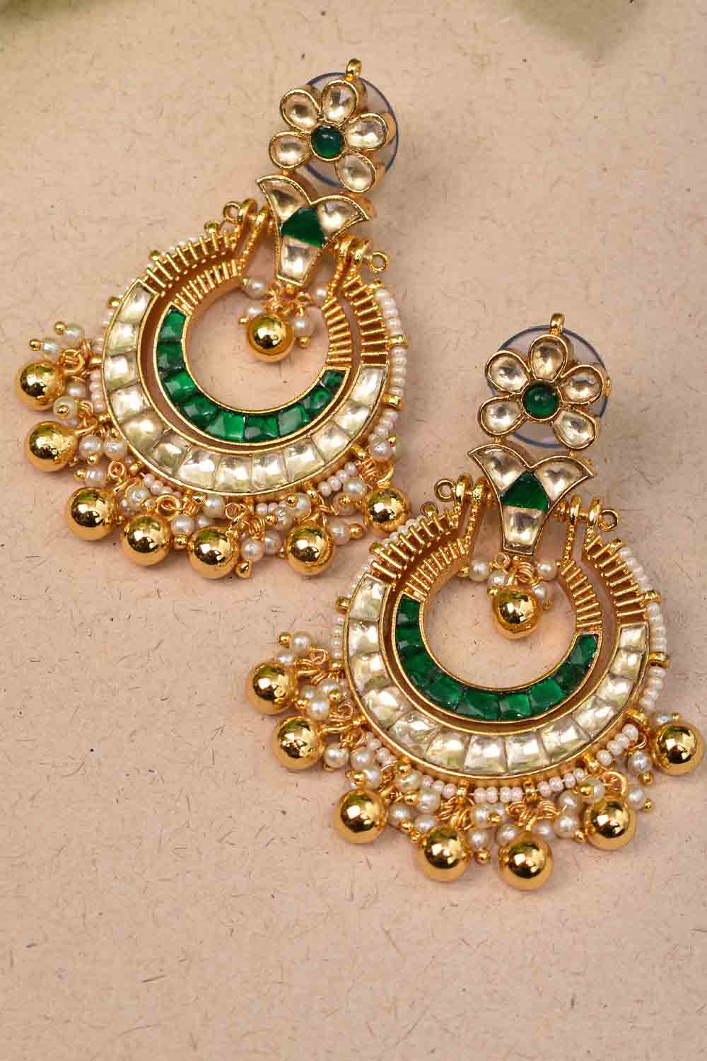 Chandbali Earrings with Green and White Kundan Jadau set stones and microplated base