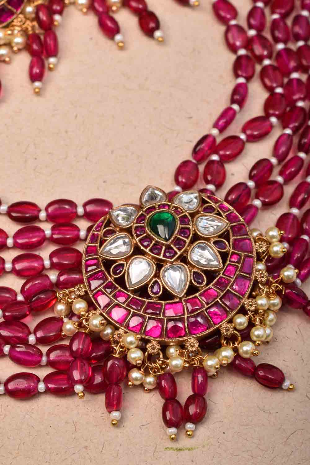 Choker Set with Magenta Multistrand beads and Kundan Pendant