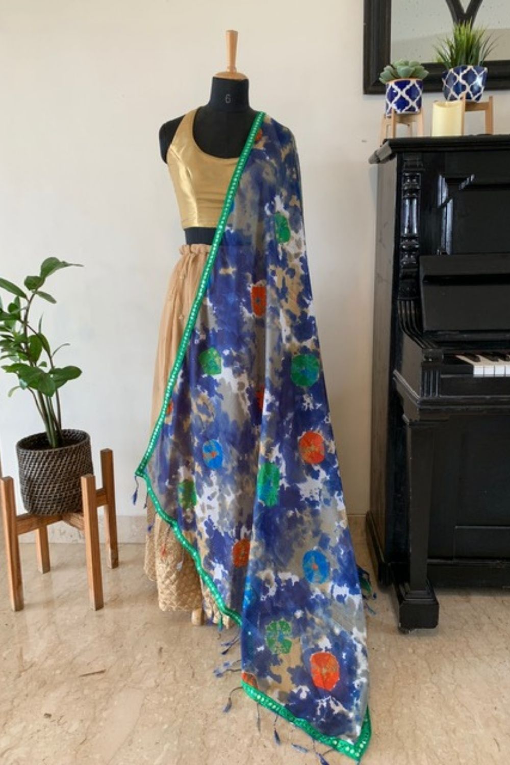 Blue and multicolour shibori shaded Kota dupatta with green mirrorwork border