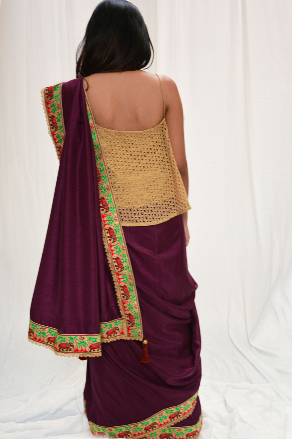 Purple semi matka silk saree with Banaras threadwork border and pink lace edging - House of Blouse