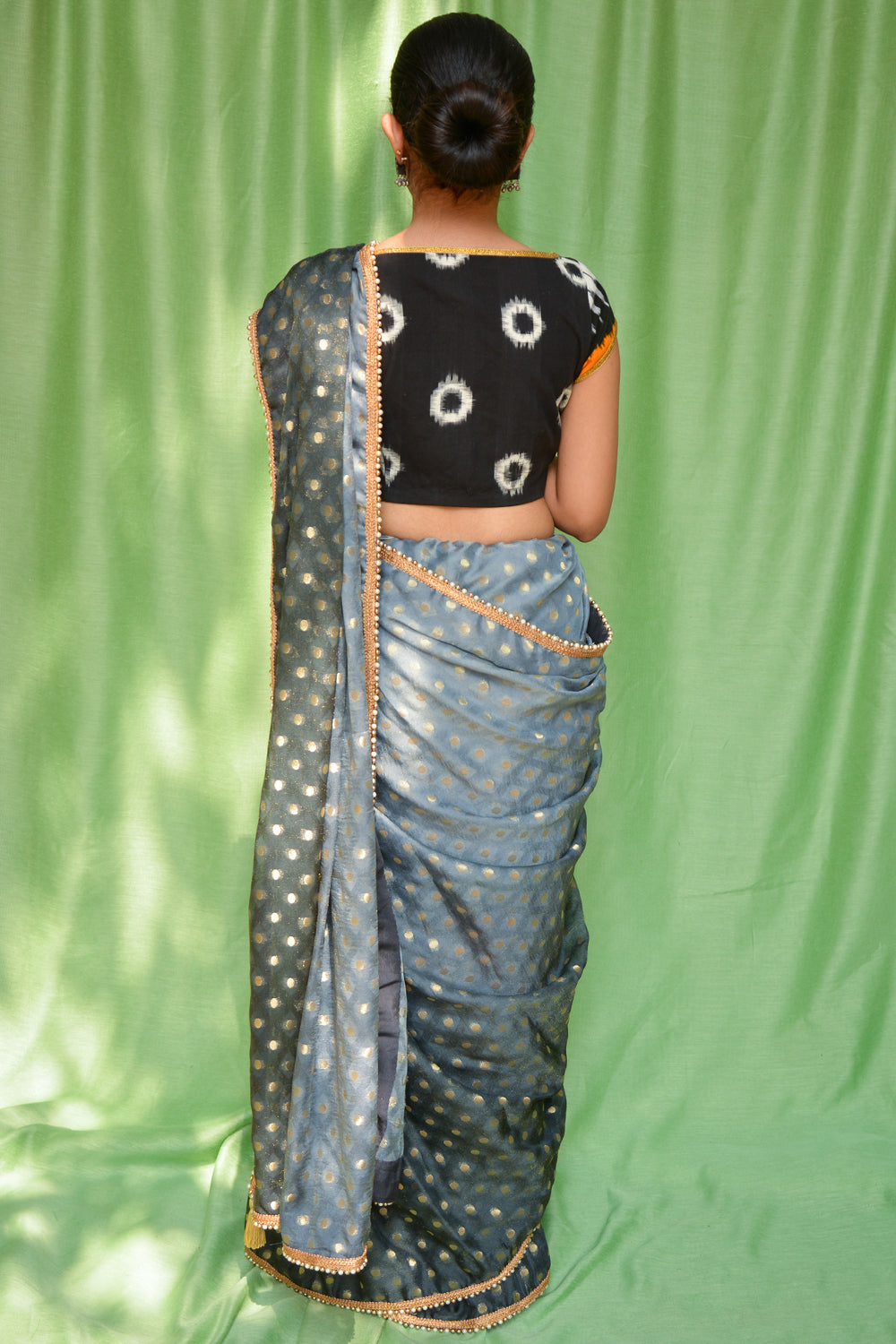 Grey ombre shaded shimmer georgette saree with zari buttis and pearl and gold bead edging - House of Blouse