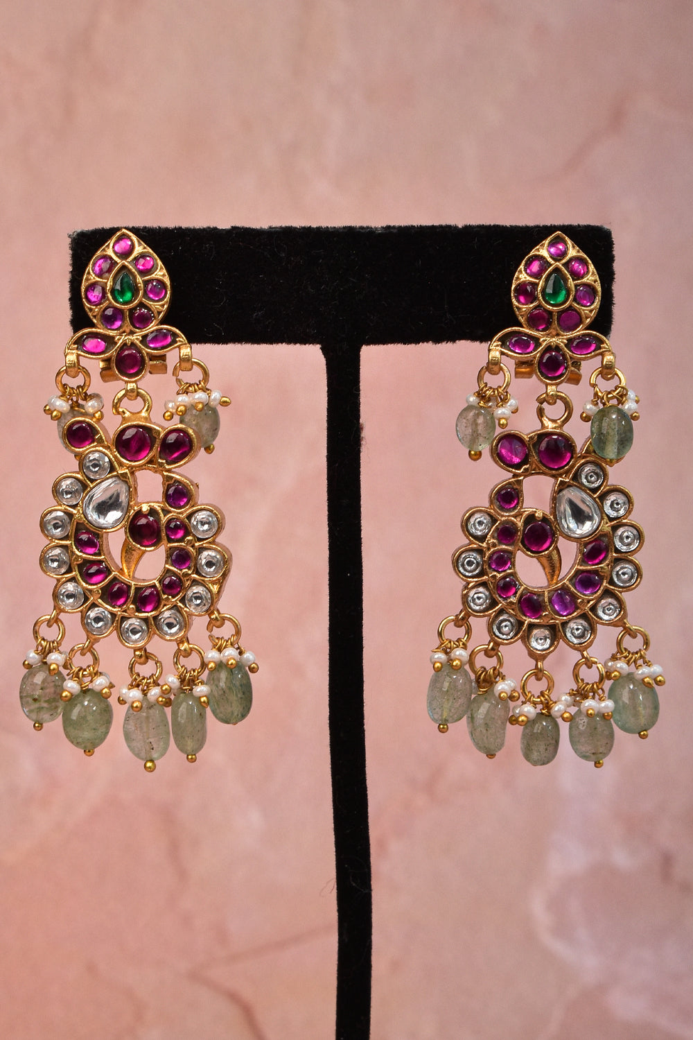 Jadau Intricately embellished Necklace and earring set with sage green dangling beads