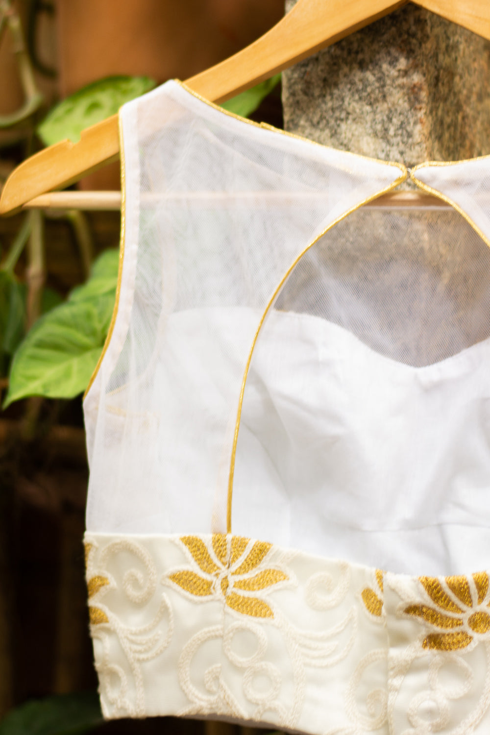 White sheer yoke blouse with lotus threadwork on net and gold piping - House of Blouse