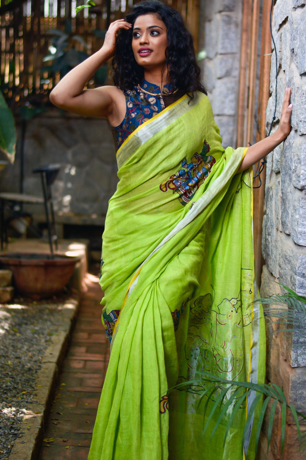 lime green handwoven linen saree with silver tissue border with kalamkari applique