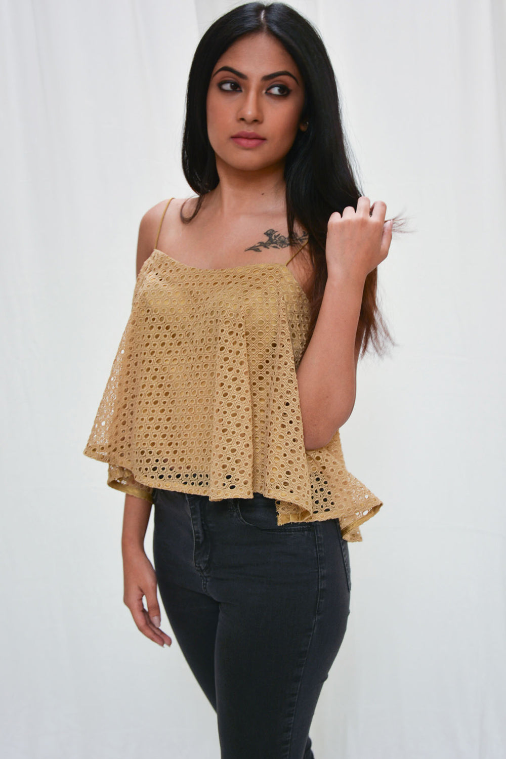Gold lace trapeze spaghetti strap crop top - House of Blouse