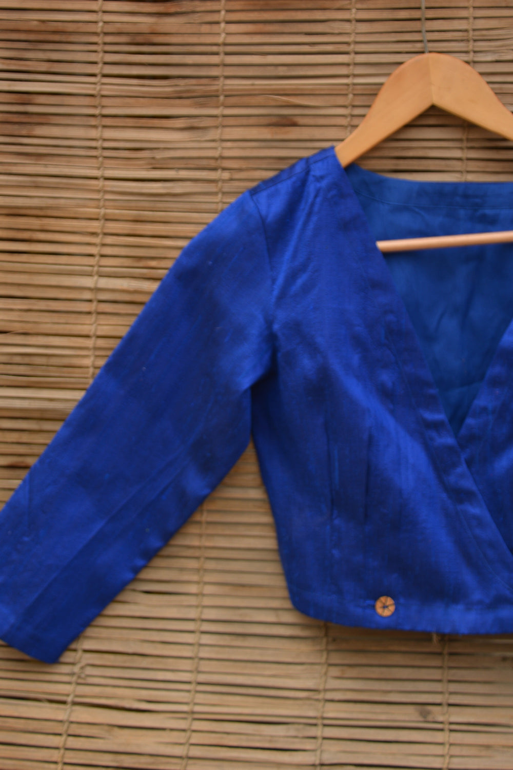 Royal blue raw silk crossover top - House of Blouse