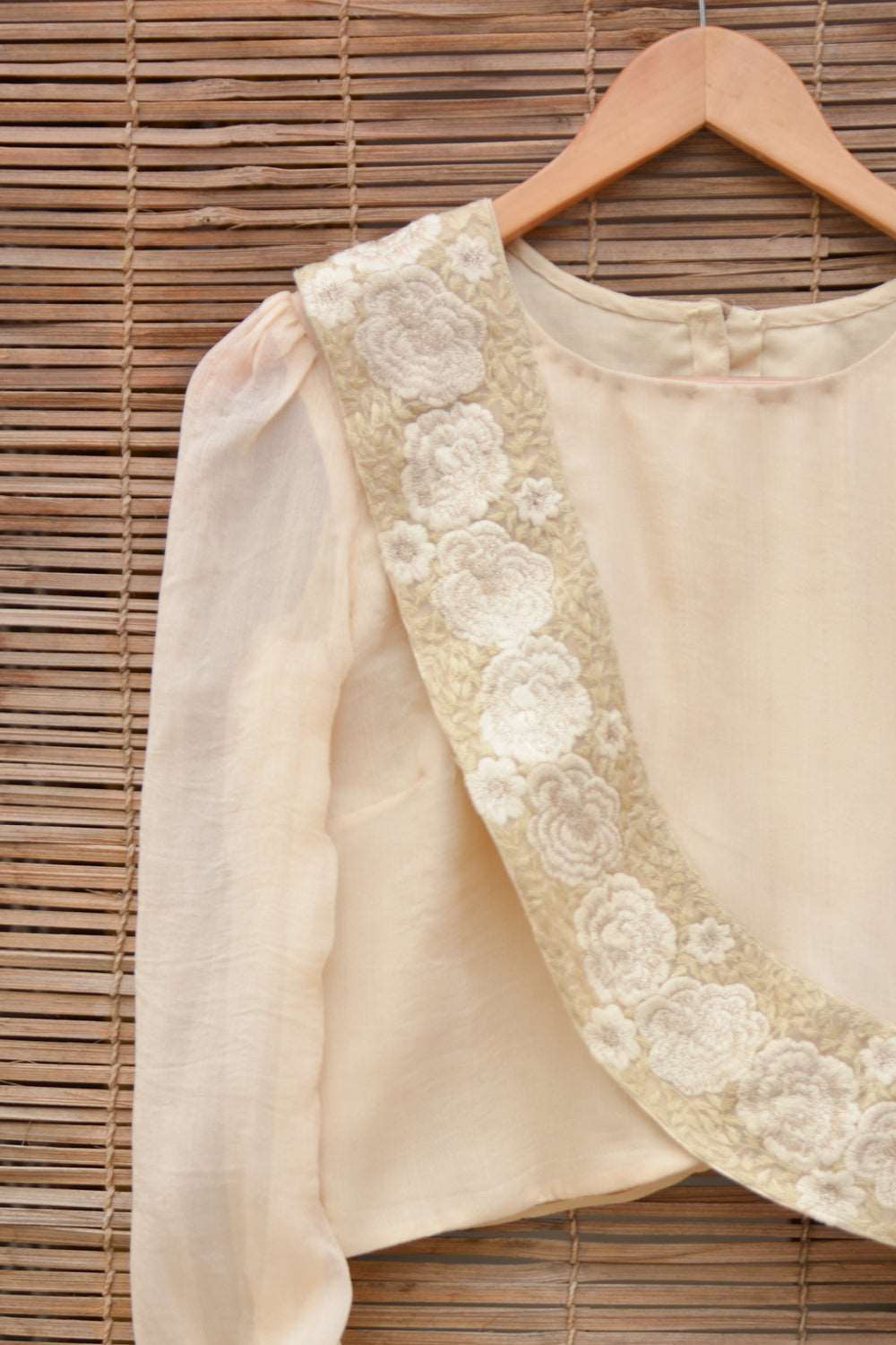 Beige chiffon crop top with bishop sleeves - House of Blouse