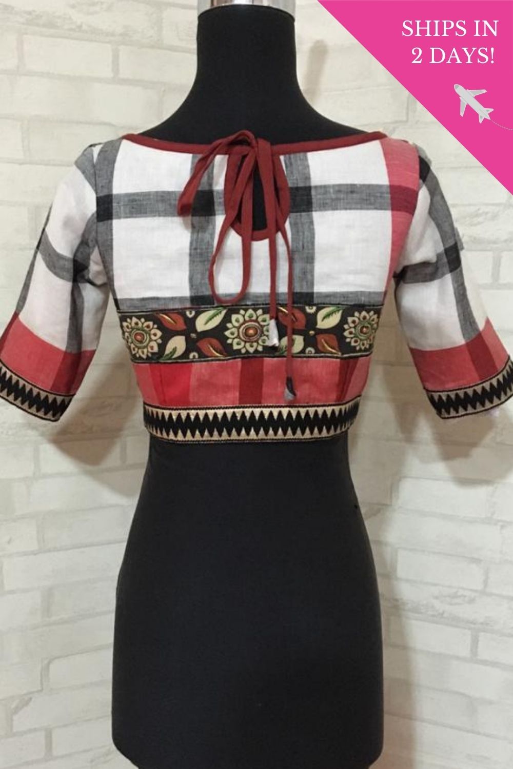 White and black checked linenblouse with embroidered handpainted kalamkari border - House of Blouse