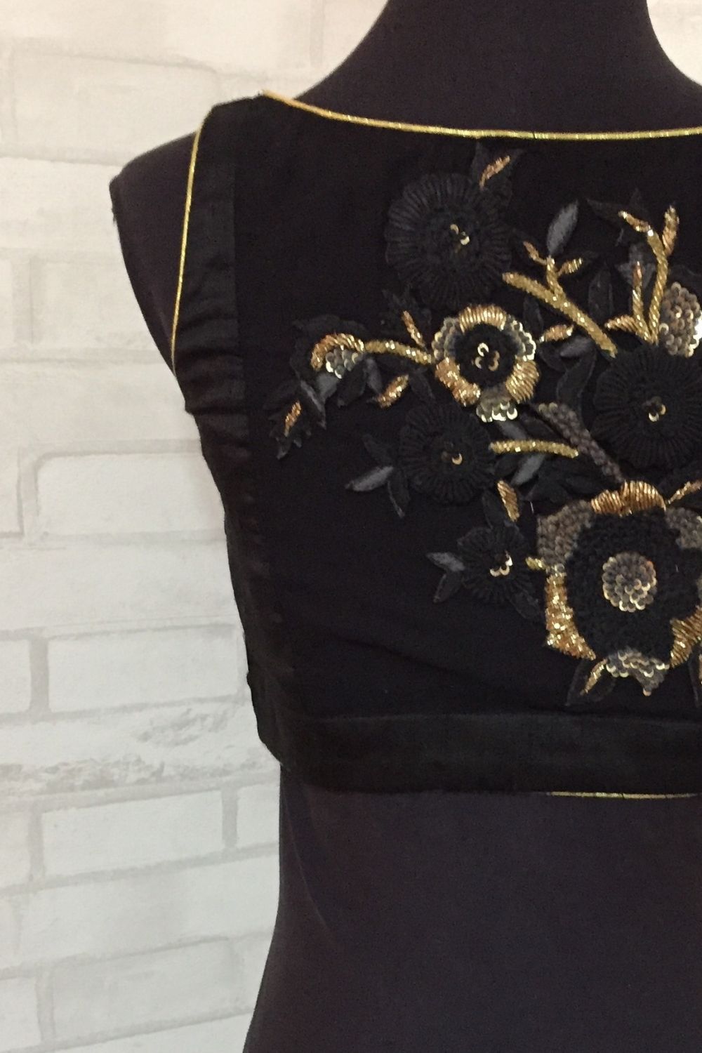 Black raw silk sweet heart neck blouse with a embroidered sheer back - House of Blouse