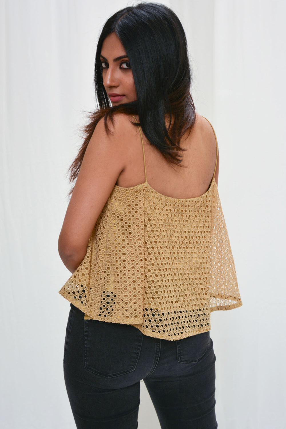 Gold lace trapeze spaghetti strap crop top - House of Blouse