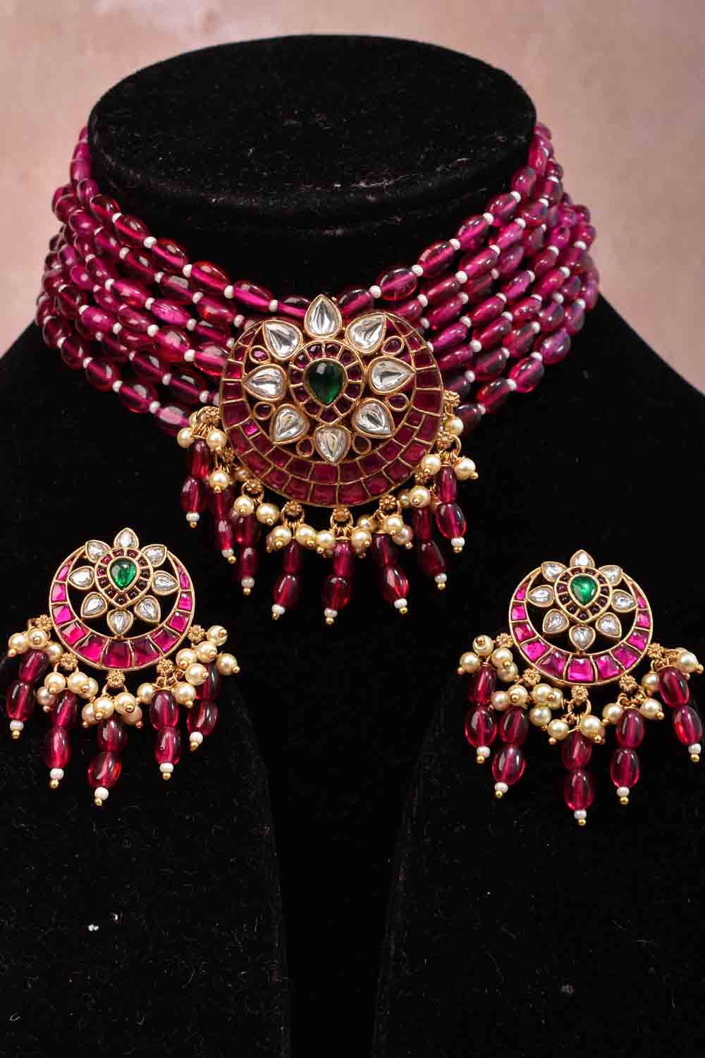 Choker Set with Magenta Multistrand beads and Kundan Pendant