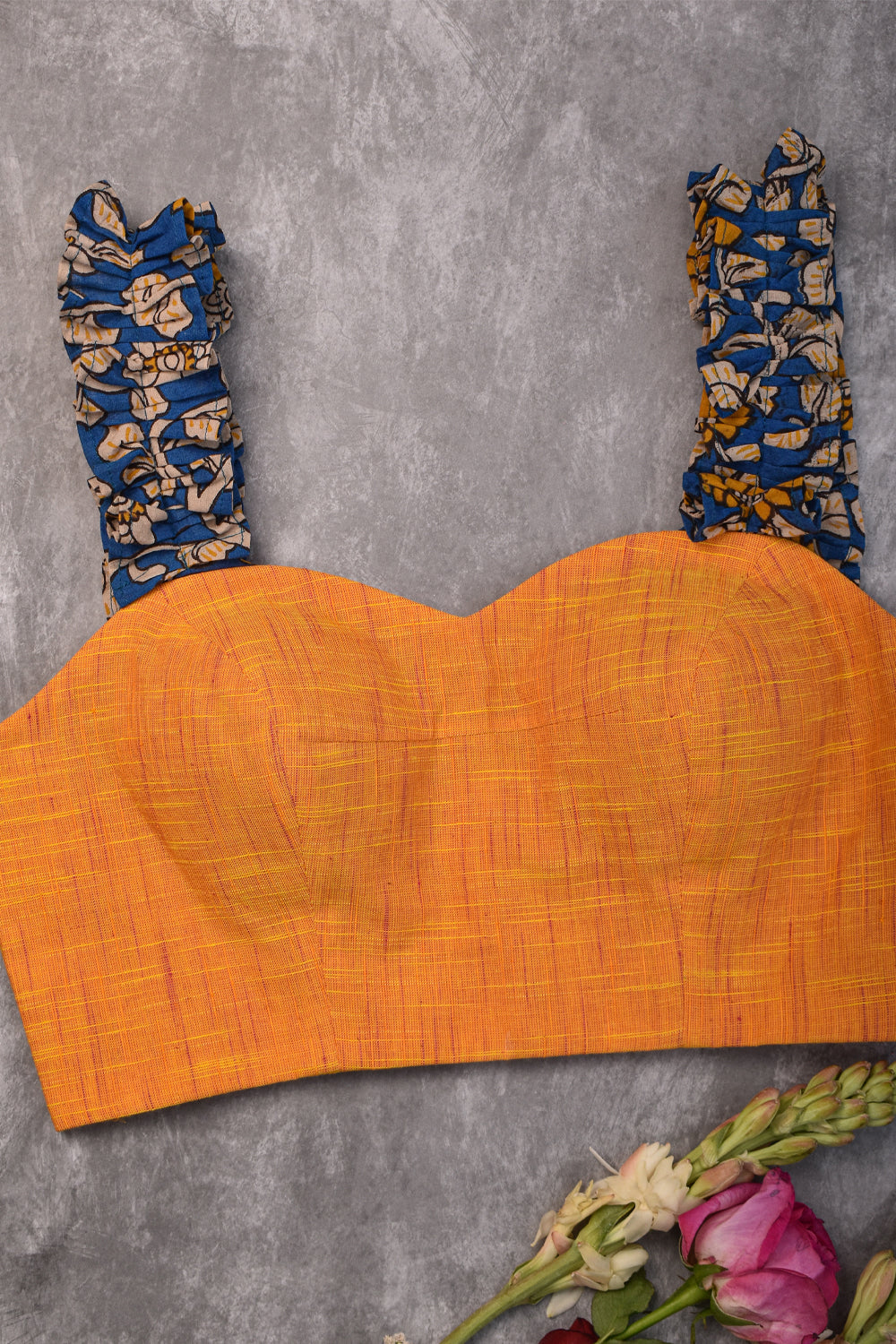 Yellow Handloom Swt Heart Neck Blouse with Blue Kalamkari Strap