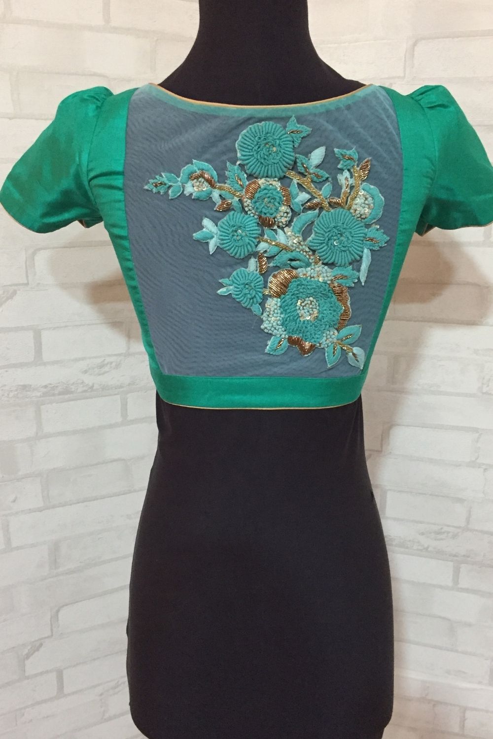 Seagreen sweet heart blouse with a embroidered sheer back - House of Blouse