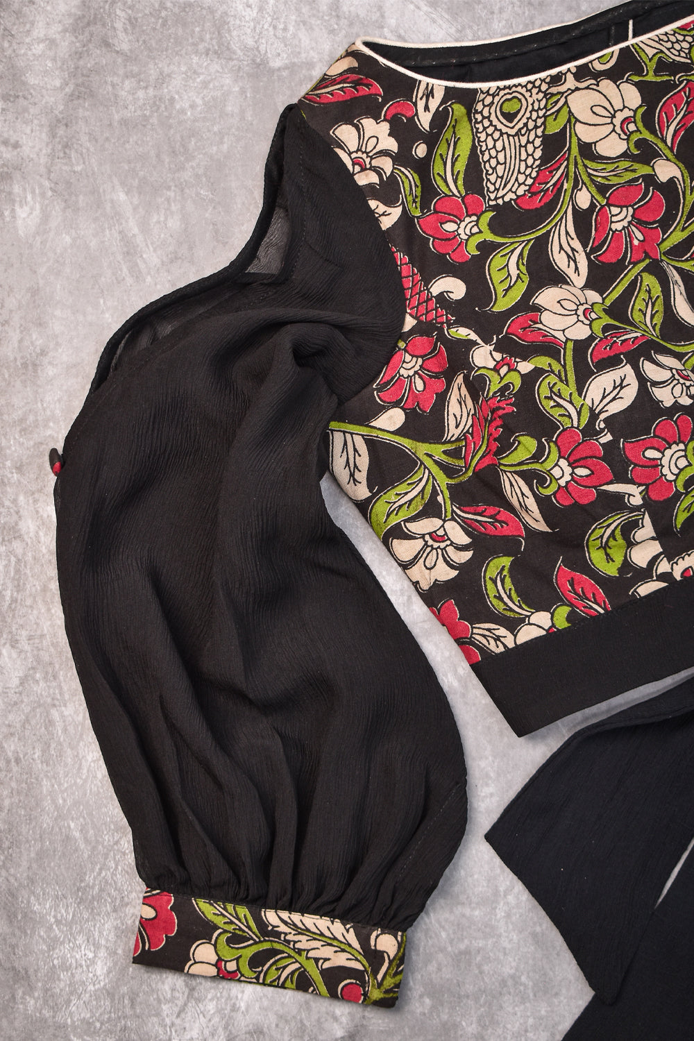 Black floral kalamkari Boatneck blouse with sleeve detailing