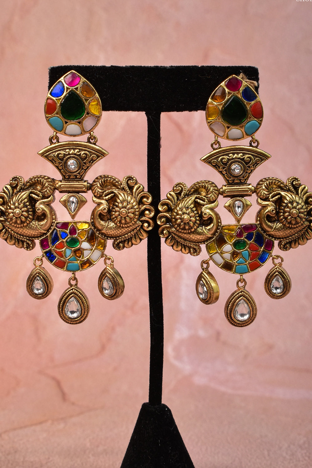 3" Navaratna design Antique Gold Tone Dangling Earrings