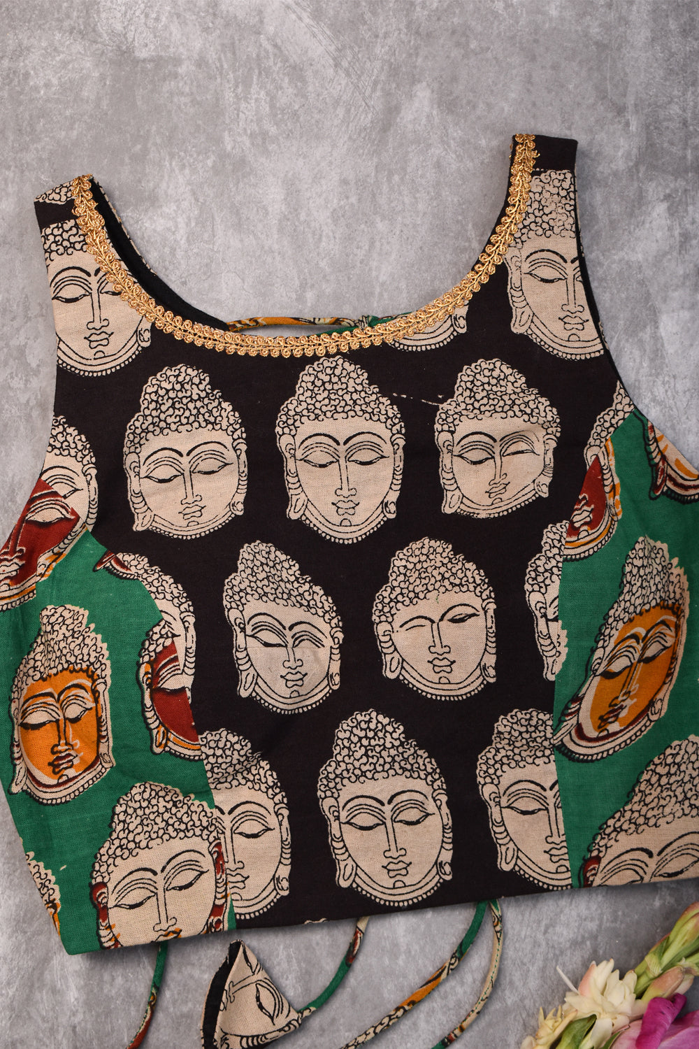 Black and green kalamkari Hi neck blouse with back detailing