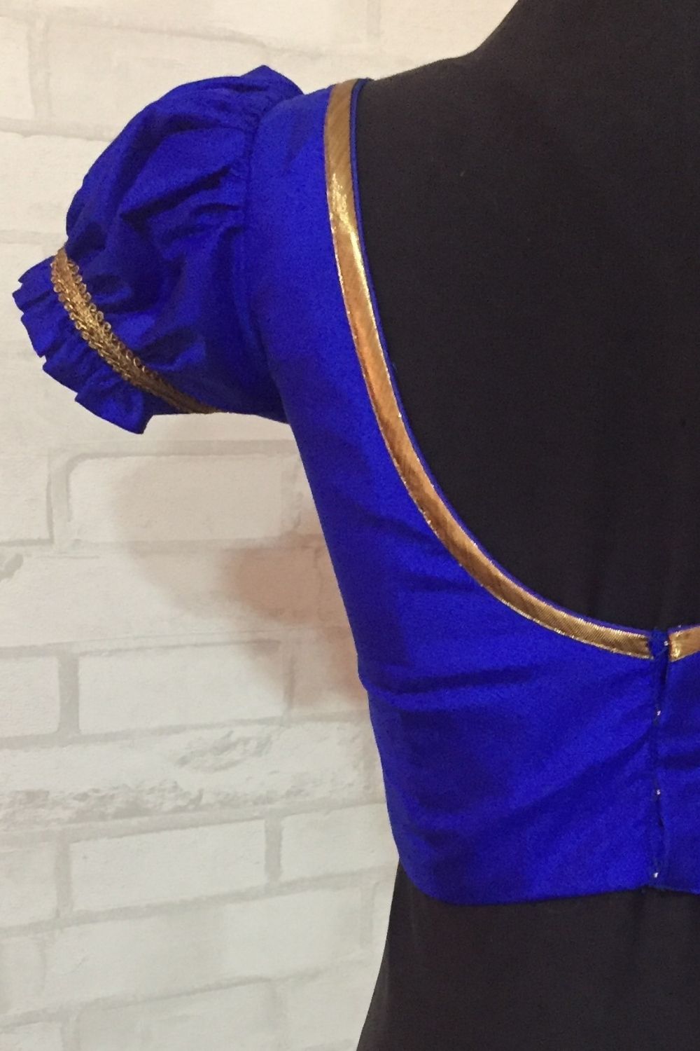 Royal blue pure silk blouse with embellished yoke - House of Blouse