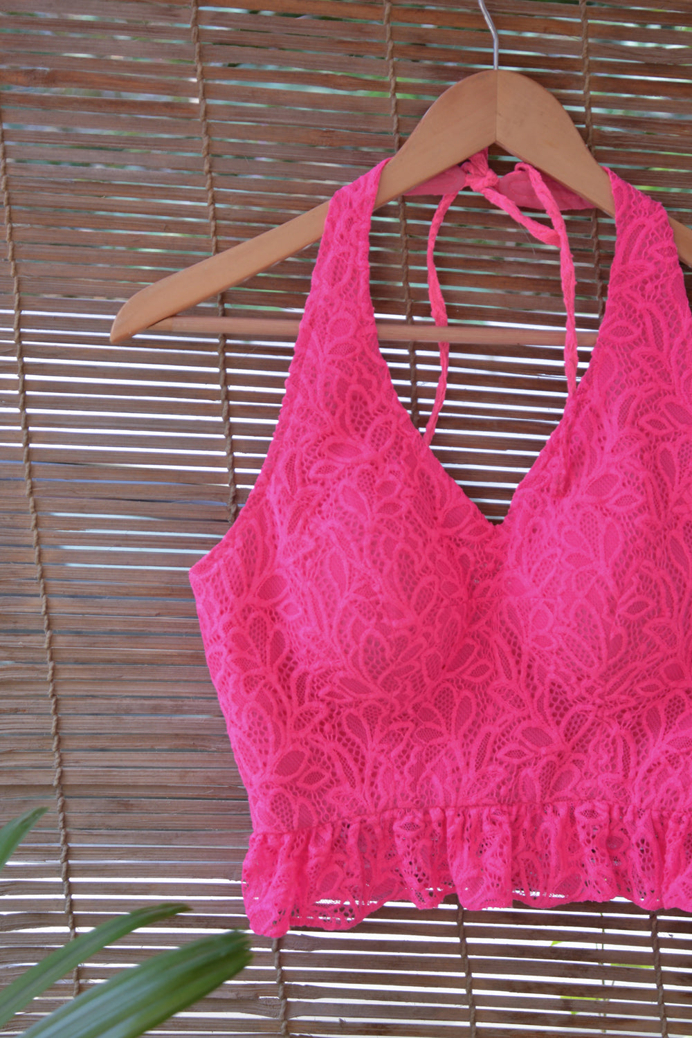 Neon pink lace halter neck croptop - House of Blouse