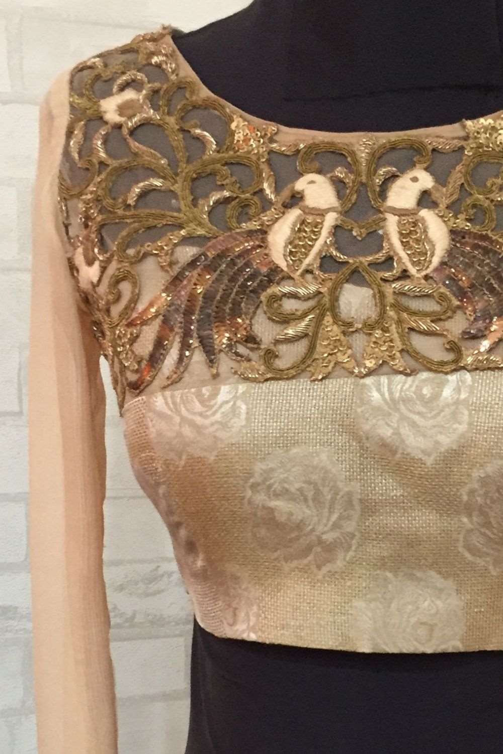 Beige jute silk blouse with embellished  yoke and sheer sleeves. - House of Blouse