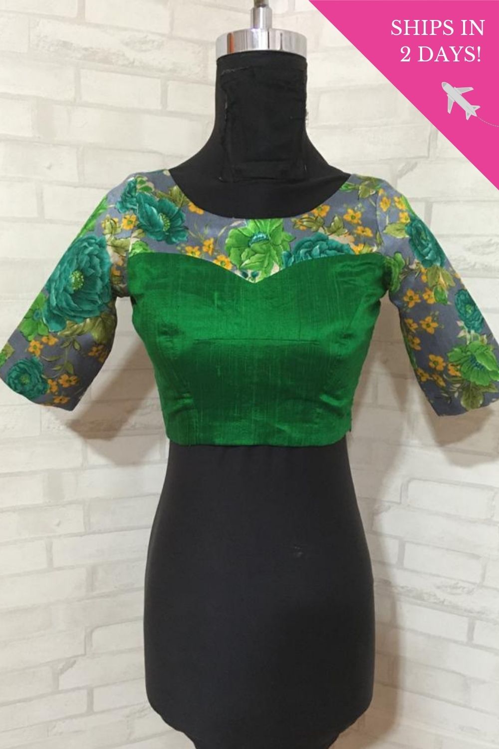Green & grey floral raw silk Boat neck blouse : Size-34 - House of Blouse