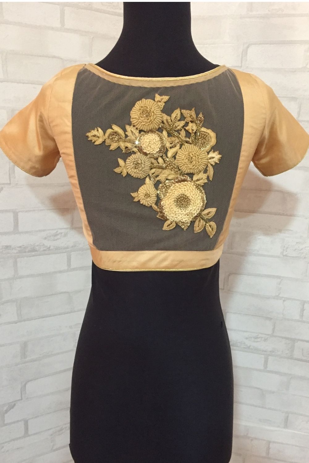 Cream silk V neck blouse with a embroidered sheer back - House of Blouse
