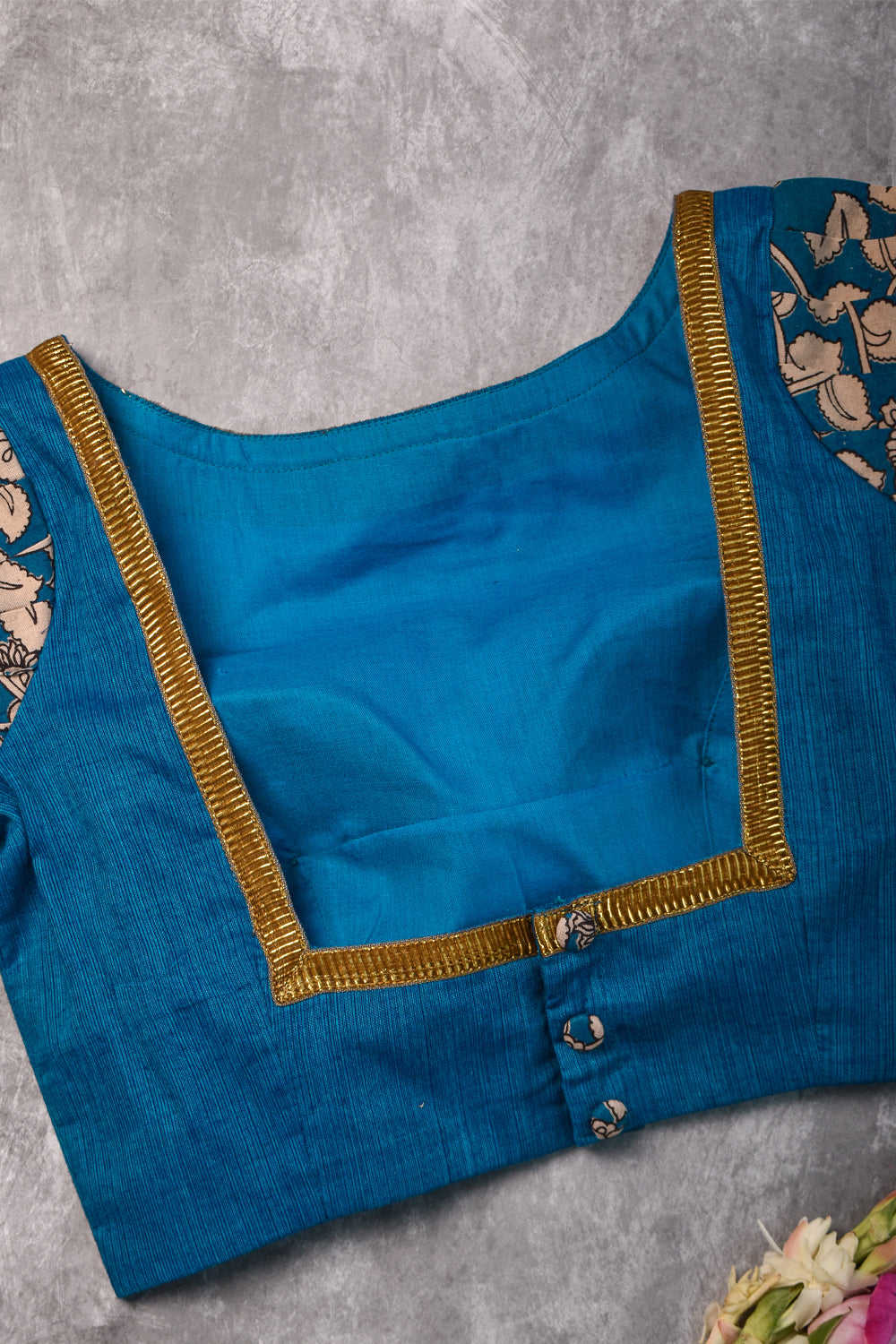 Blue handloom boatneck blouse with floral kalamkari sleeve detailing