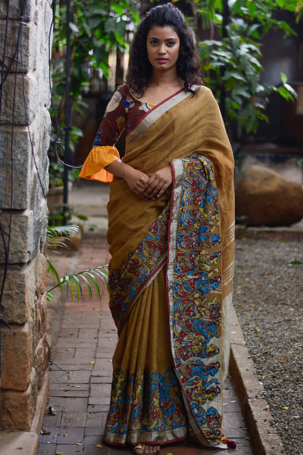 Brown Handwoven linen saree with silver border and Kalamkari applique