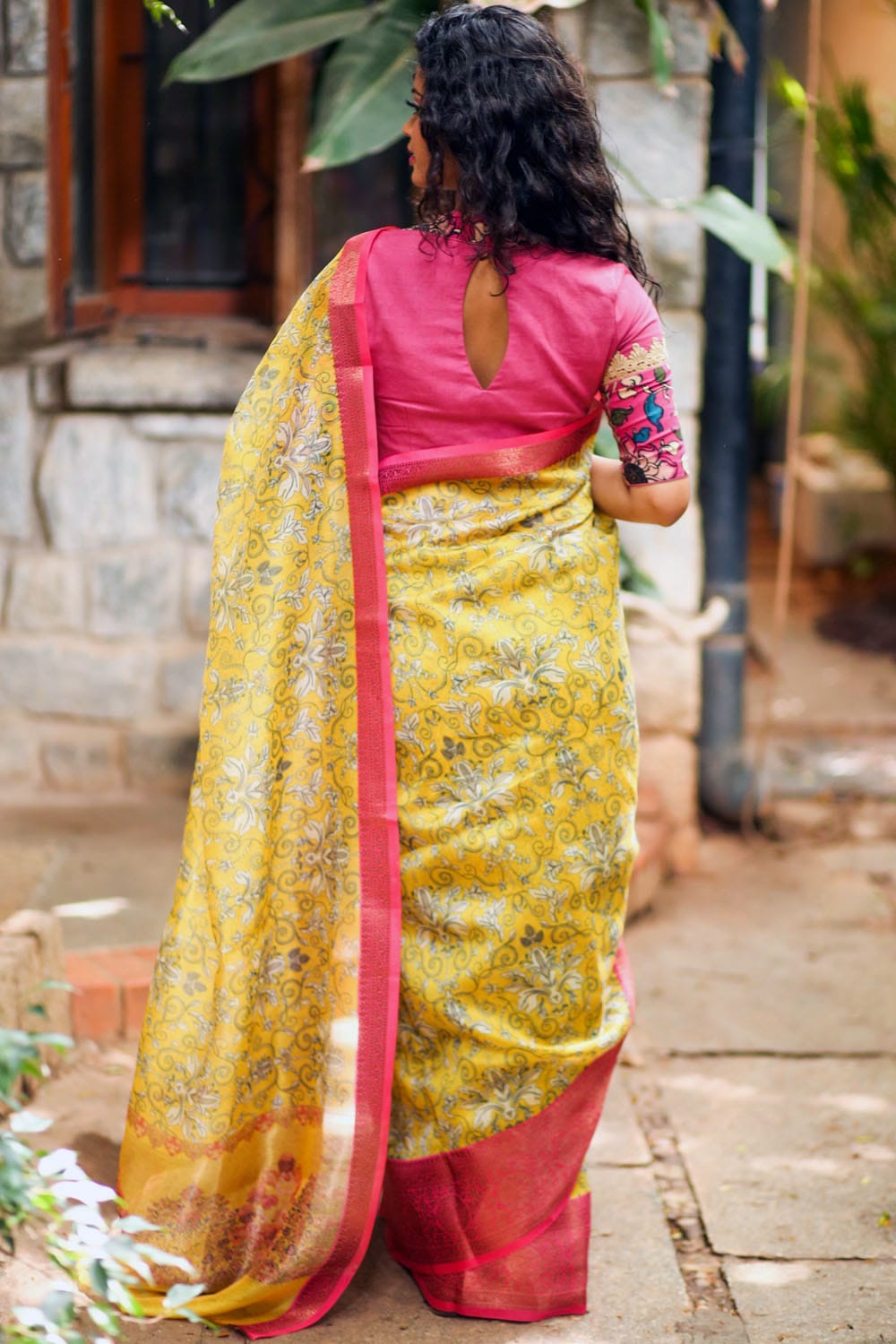 Lemon yellow Maheshwari silk kalamkari saree with brocade border