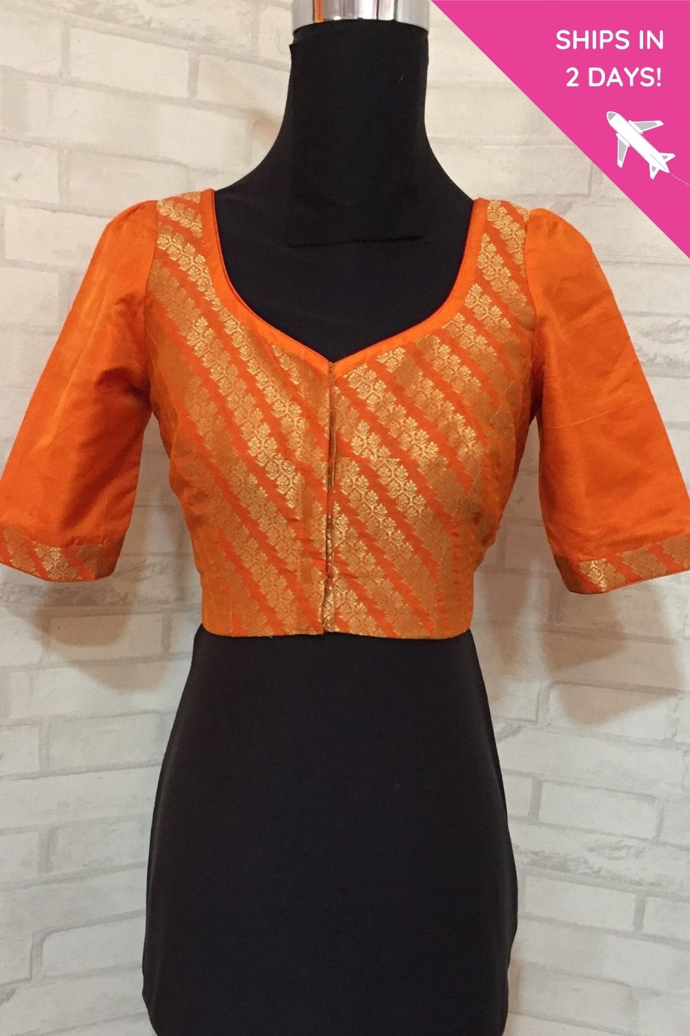 Orange brocade with raw silk sleeves swt heart neck blouse : size - 40