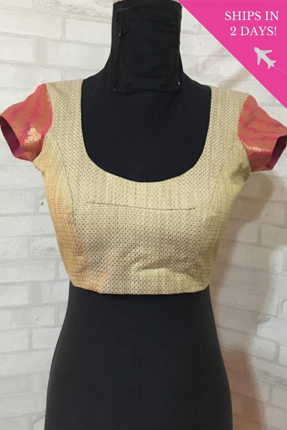 Cream and peach brocade U neck blouse with tie back: Size -34 - House of Blouse
