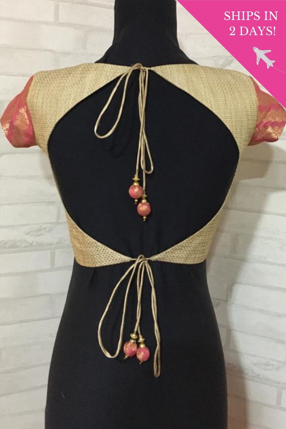 Cream and peach brocade U neck blouse with tie back: Size -34 - House of Blouse