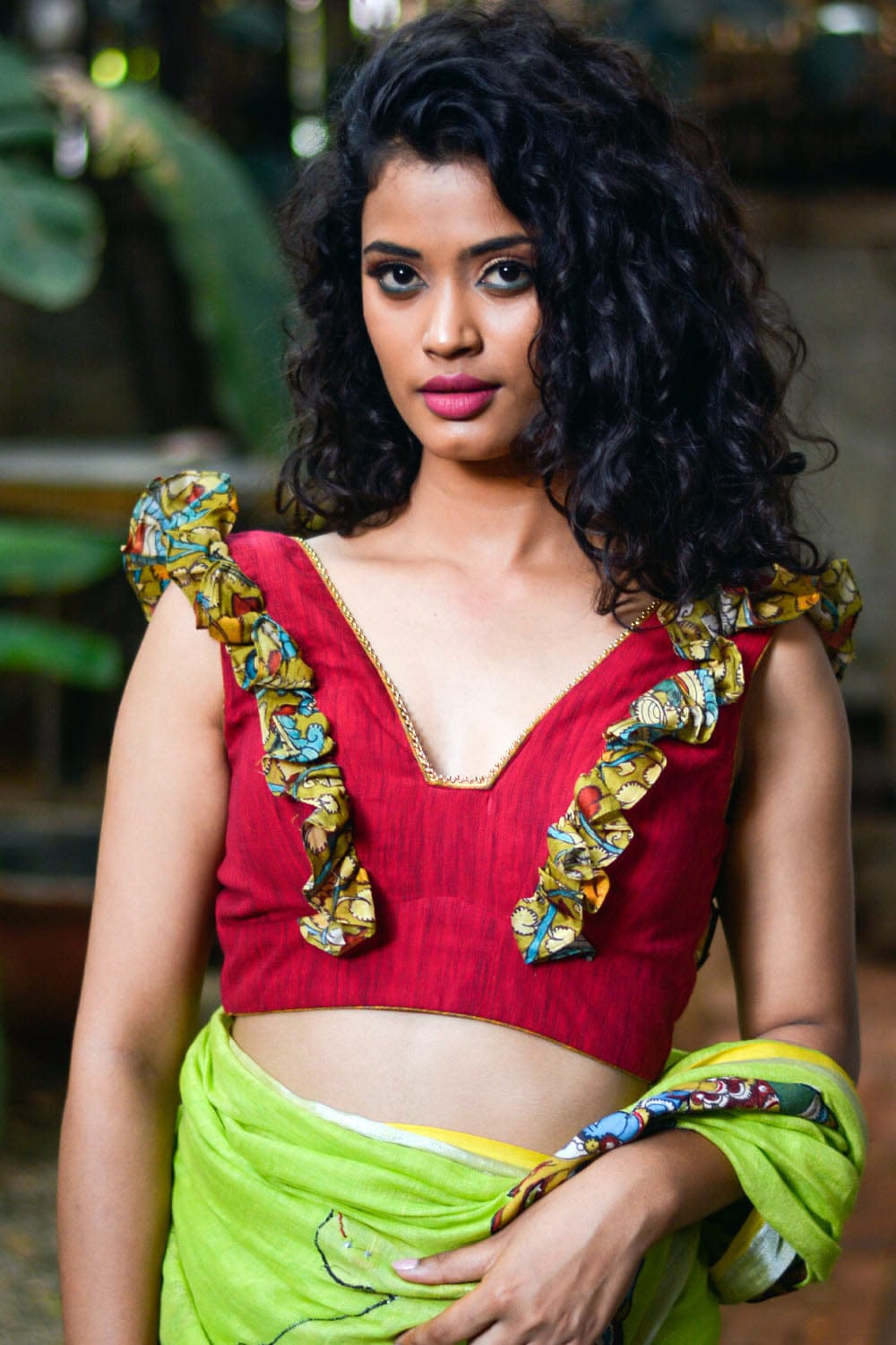 Ruby pink handloom cotton and mustard floral kalamkari frill V neck blouse