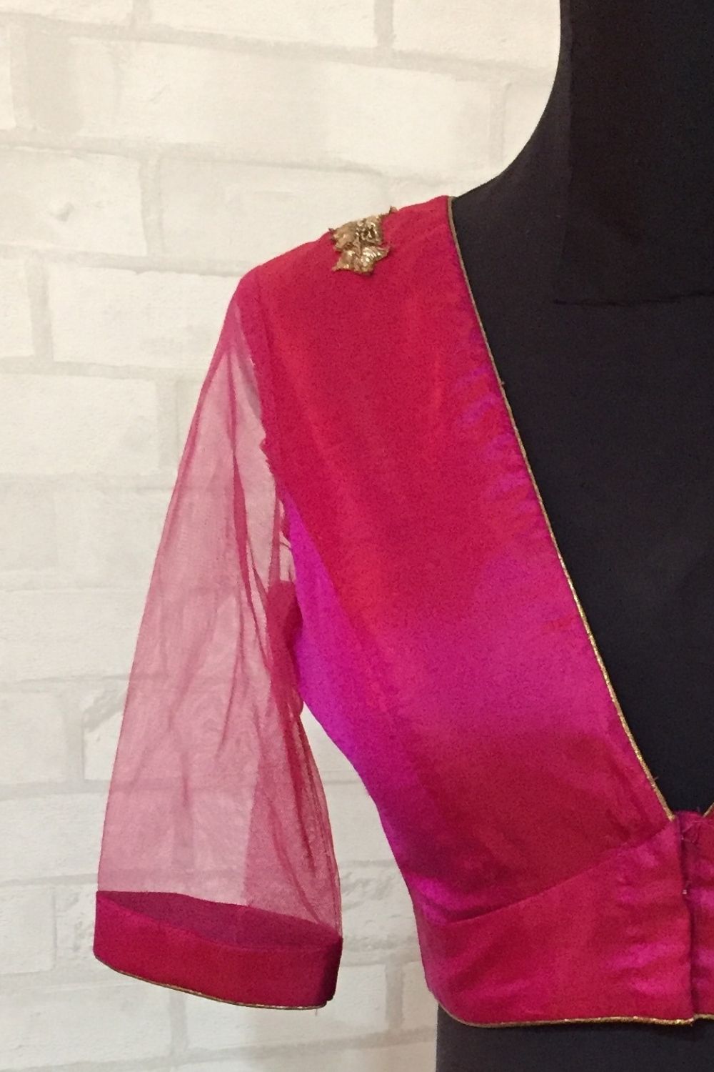 Fuchsia pink silk V neck blouse with applique. - House of Blouse