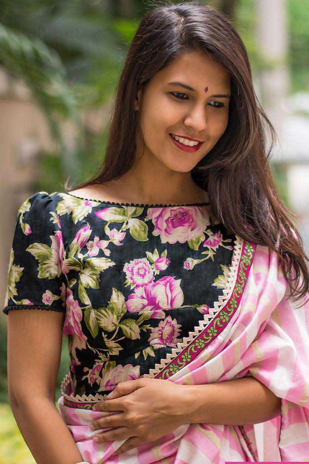 Black floral boatneck handspun & pure muslin blouse with puff sleeves - House of Blouse